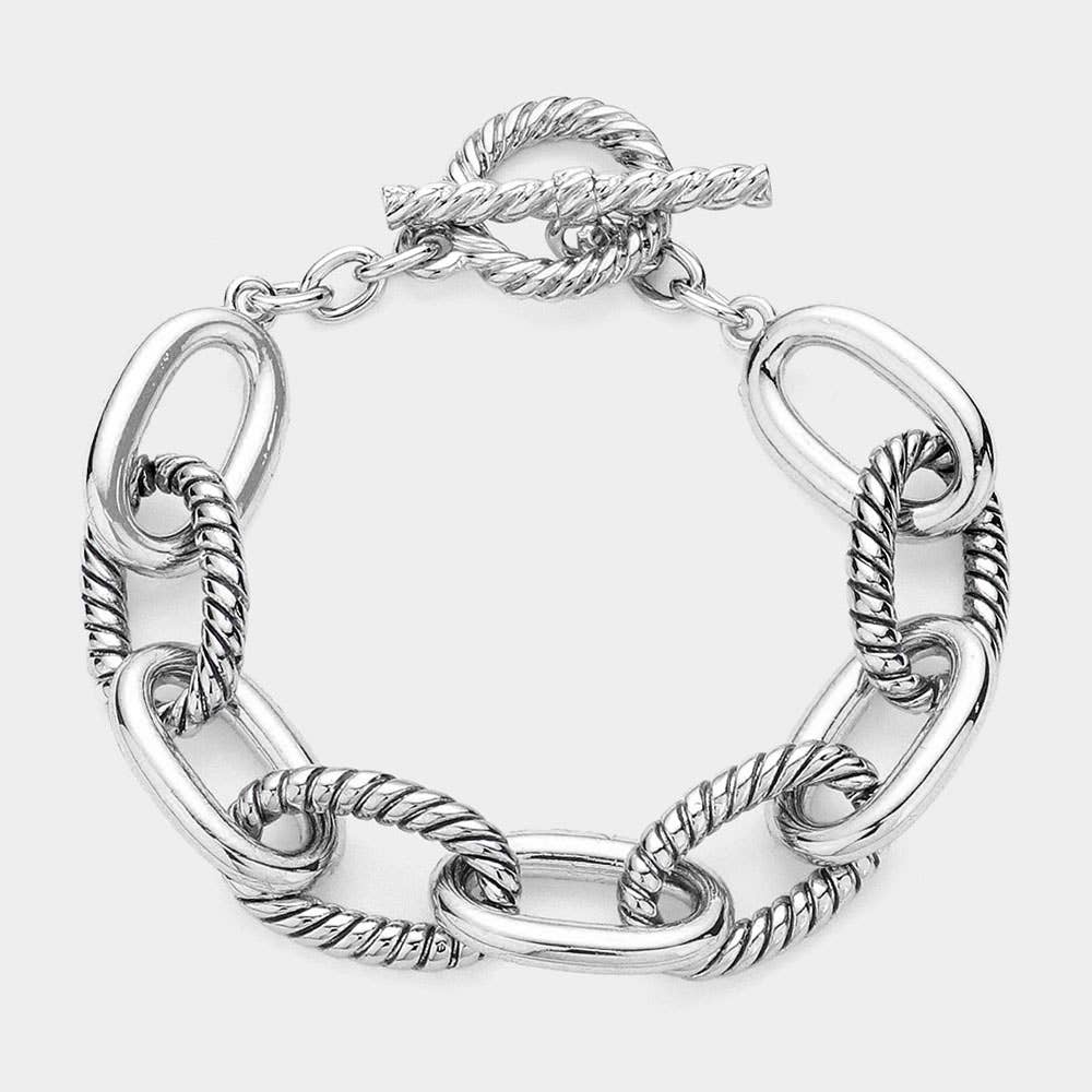 Two Tone Textured Oval Link Toggle Bracelet