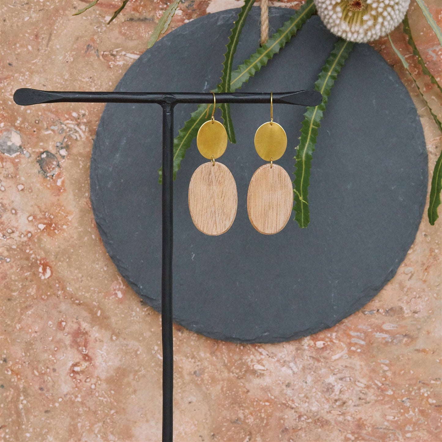 Leucadia Earrings, Brass & Wood