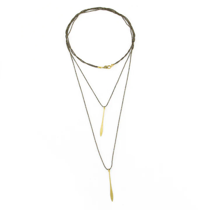 Long Double Chain Deco Feather Necklace - Gunmetal