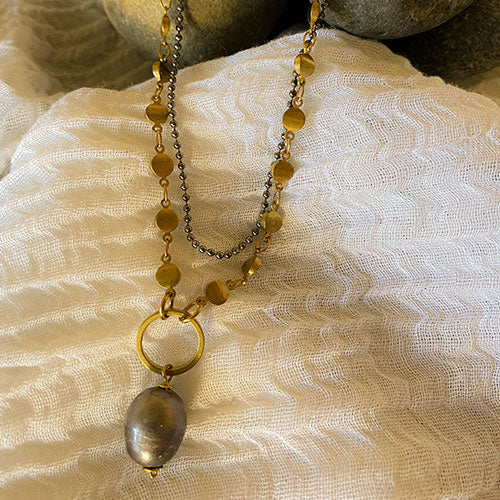 Rivet Chain Double Necklace with Big Pearl