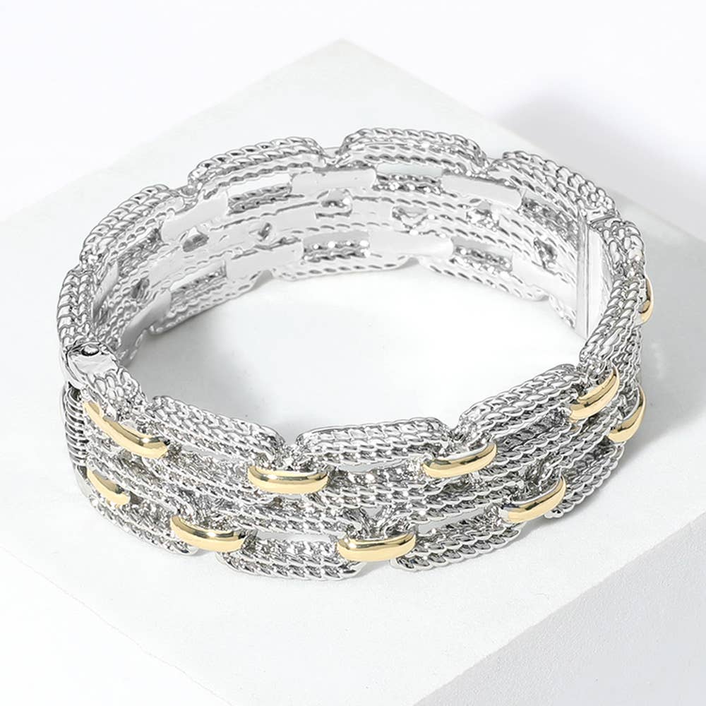 Two Tone Textured Link Hinged Bangle Bracelet