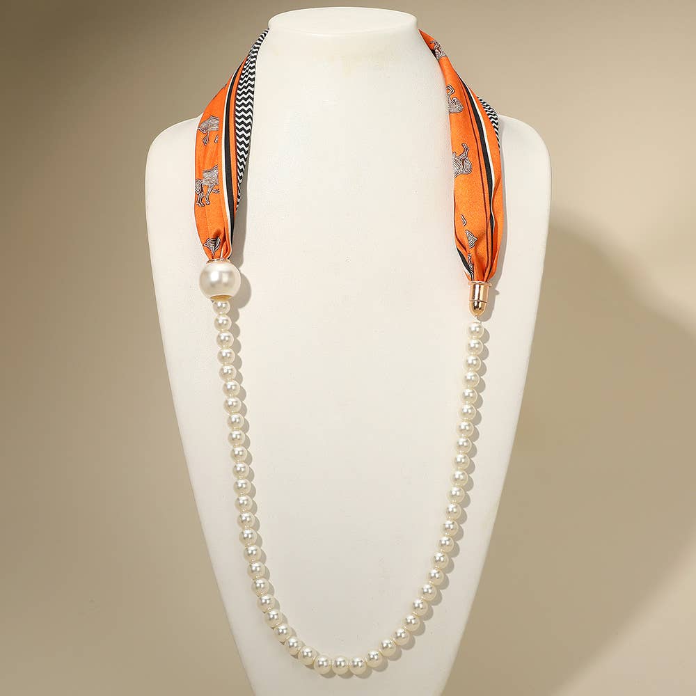 Print Fabric Scarf Pearl Magnetic Necklace
