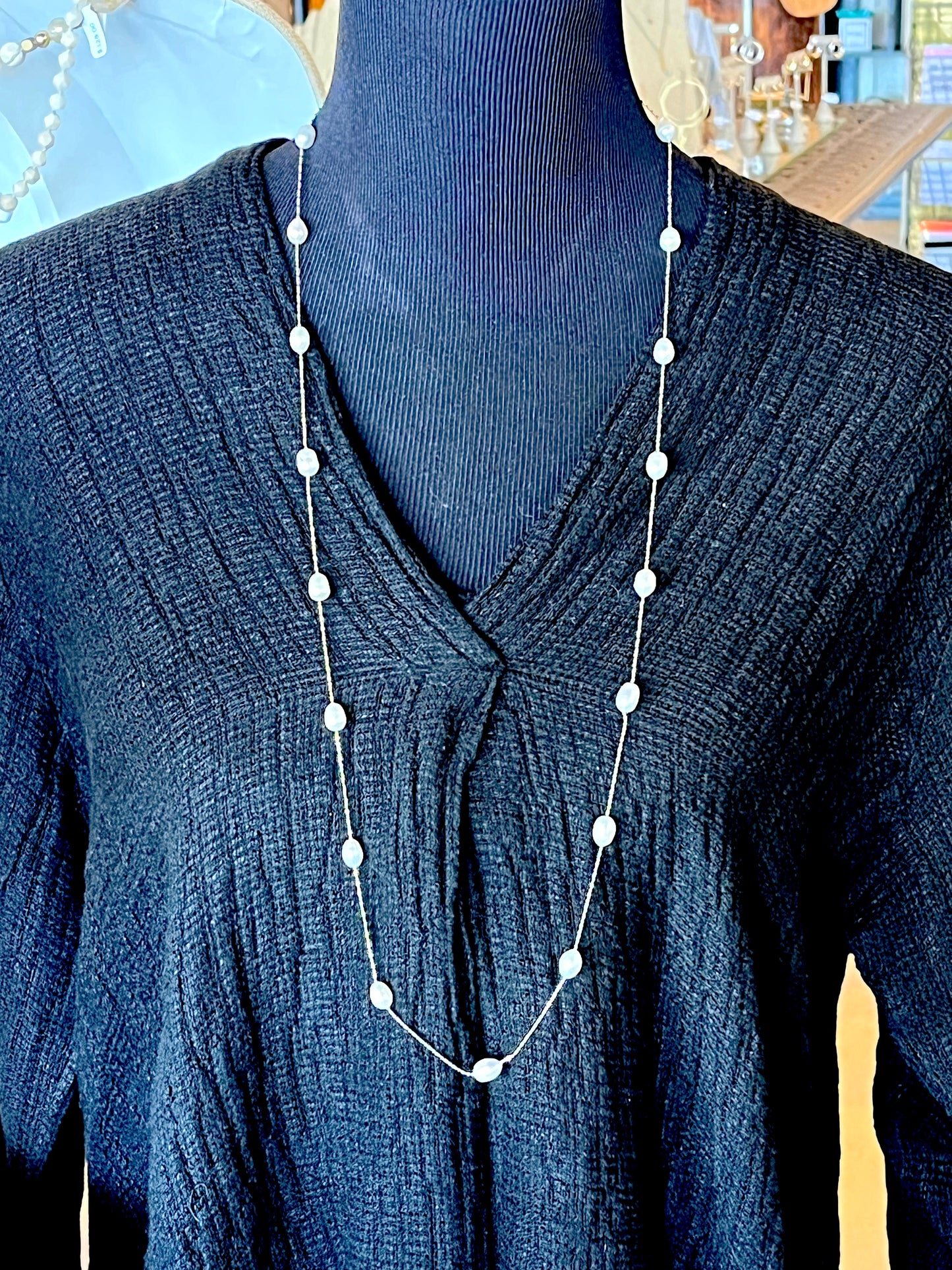 Long Tin Cup Stainless and Pearl Necklace