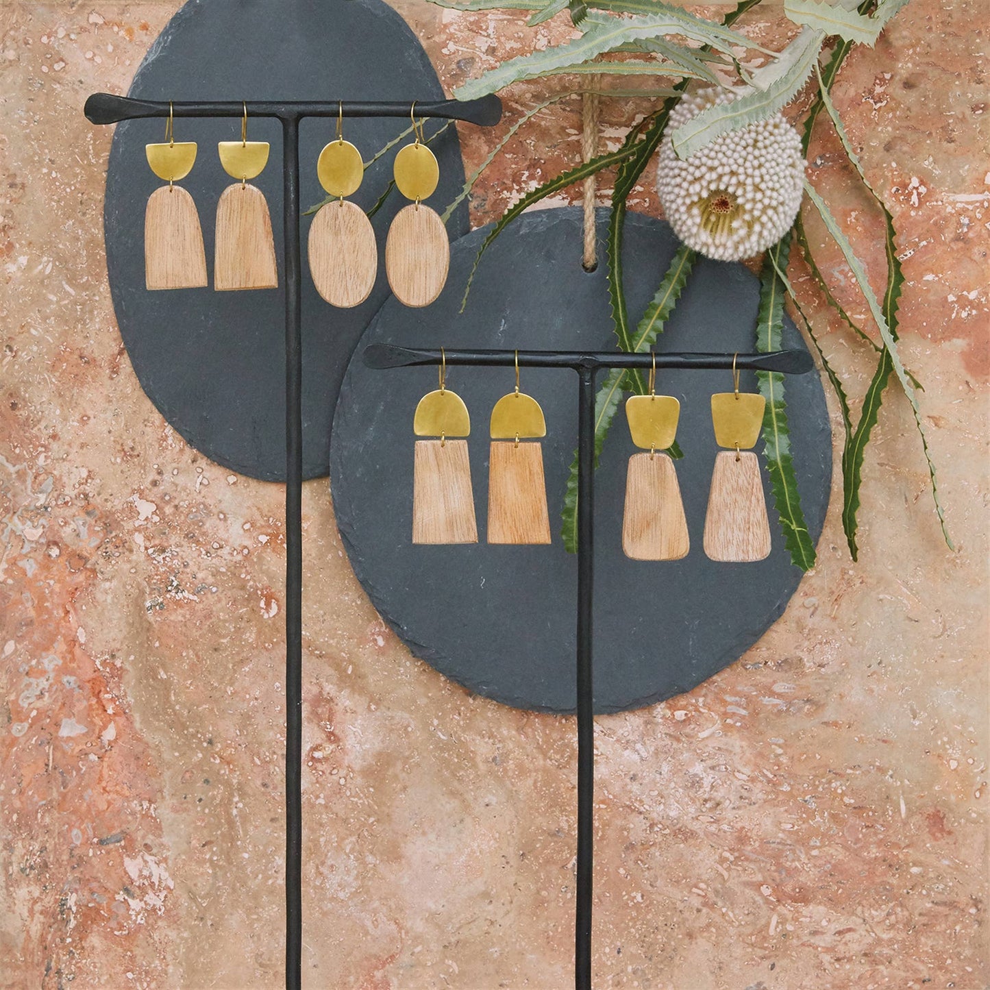 Leucadia Earrings, Brass & Wood