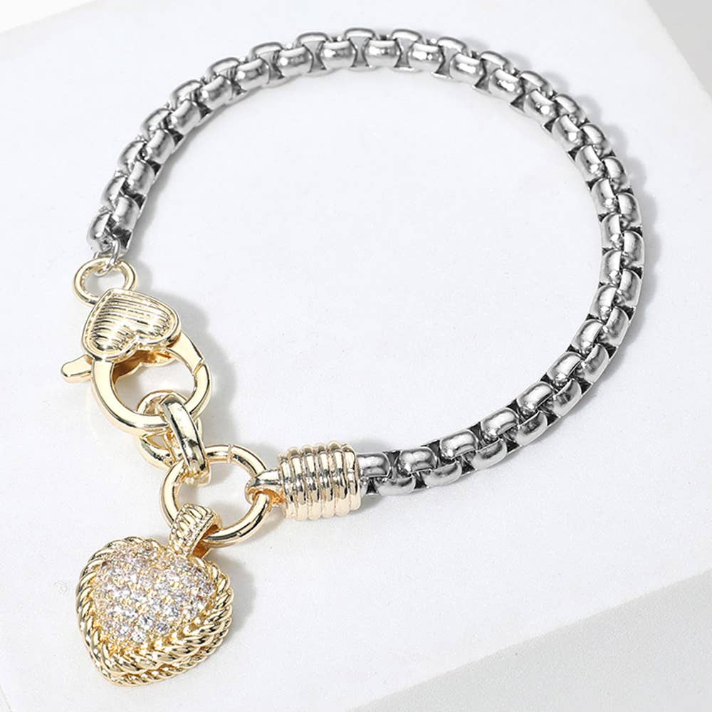 Two Tone CZ Stone Heart Charm Bracelet