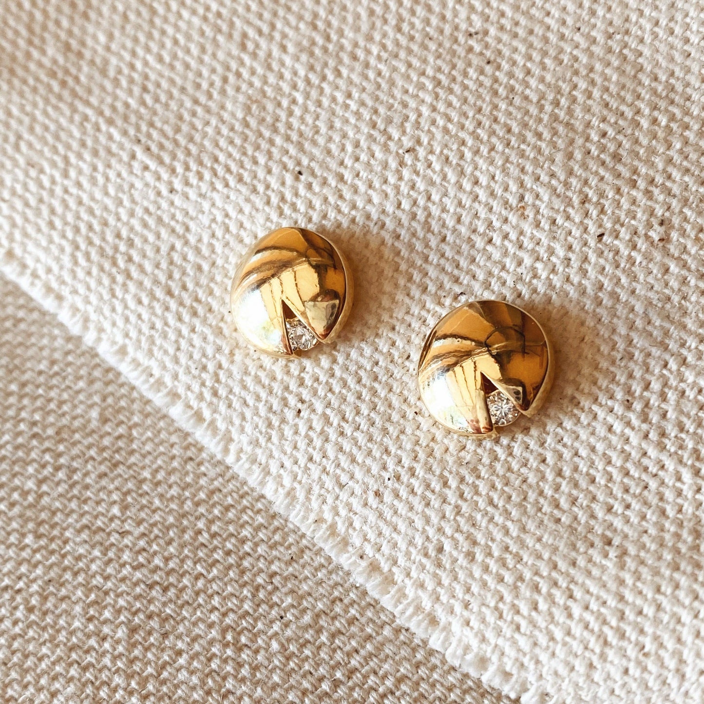 Gold Filled Split Round Button with CZ Stud Earrings