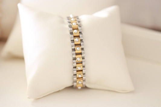 Mixed Metal Band Bracelet with Pearls