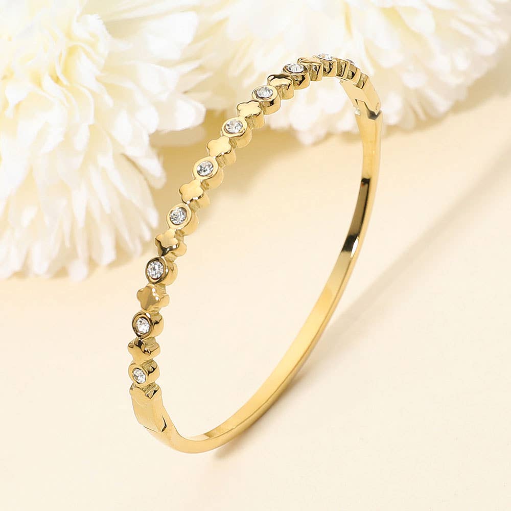 CZ and Clover Hinged Bangle Bracelet