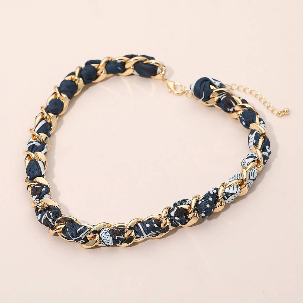 Fabric Scarf Metal Chain Wrap Necklace: Gold,Navy