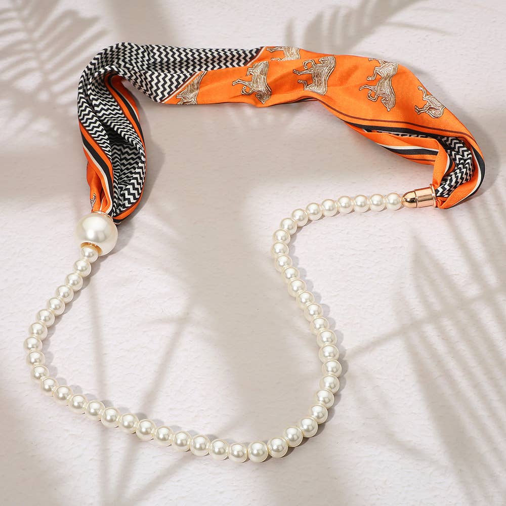 Print Fabric Scarf Pearl Magnetic Necklace