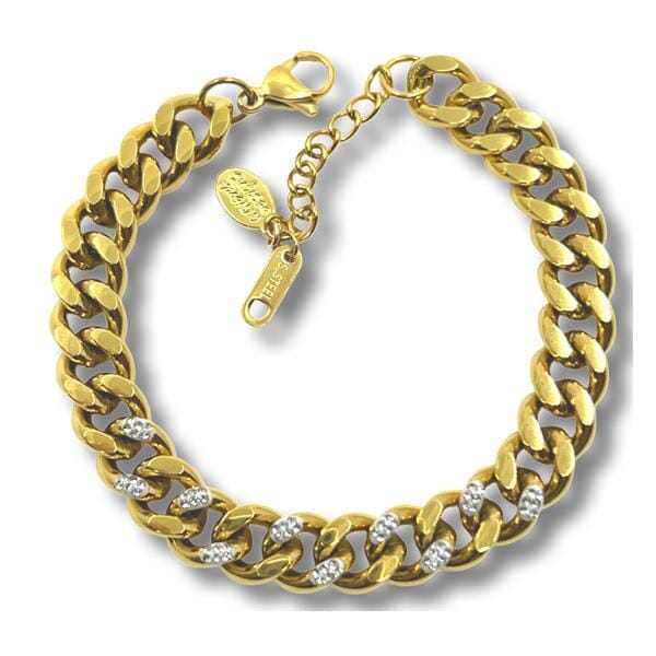 Stainless Steel 'Cuban' Chain: Gold Plated And CZ Bracelet