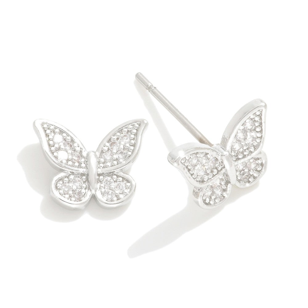 CZ Pave Silver Butterfly Stud Earrings
