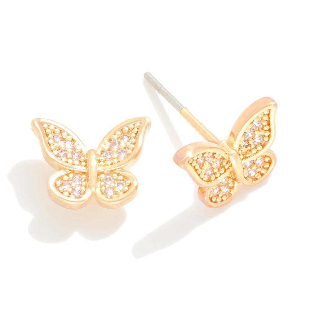 CZ Pave Gold Butterfly Stud Earrings