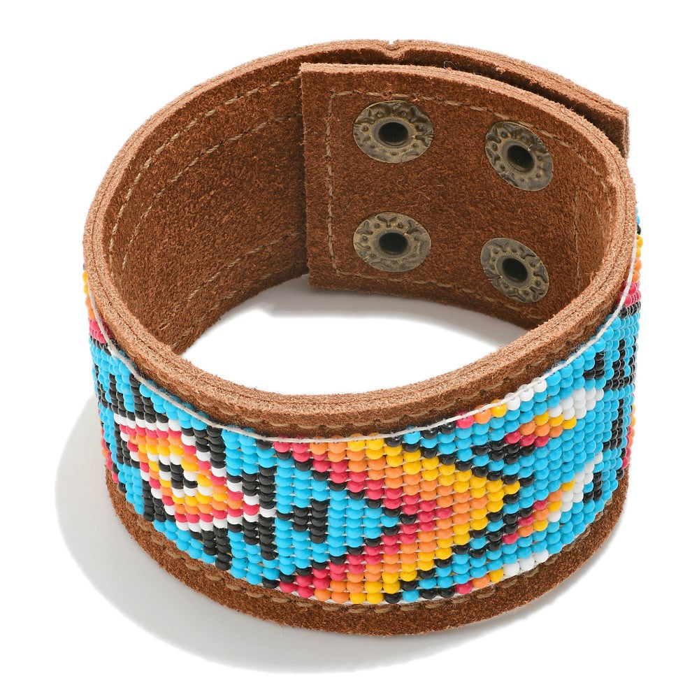 Western Leather Bracelet With Diamond Seed Bead Details