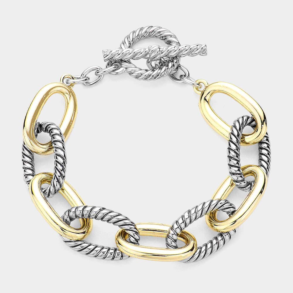 Two Tone Textured Oval Link Toggle Bracelet