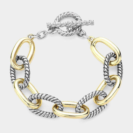 Two Tone Textured Oval Link Toggle Bracelet