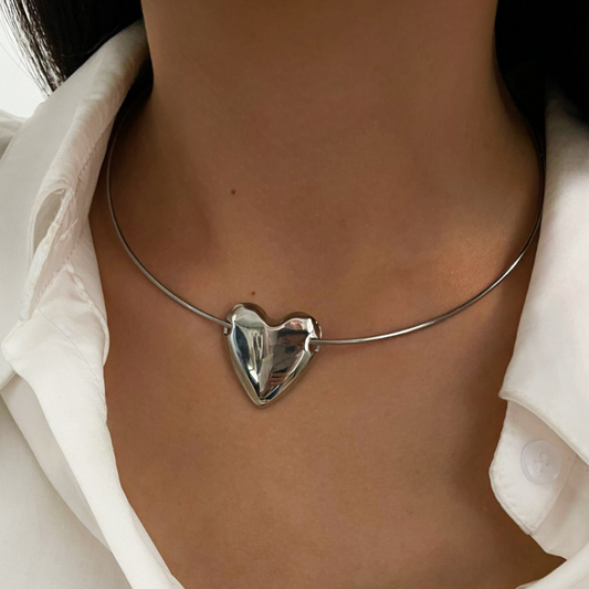 Silver Heart Choker Necklace