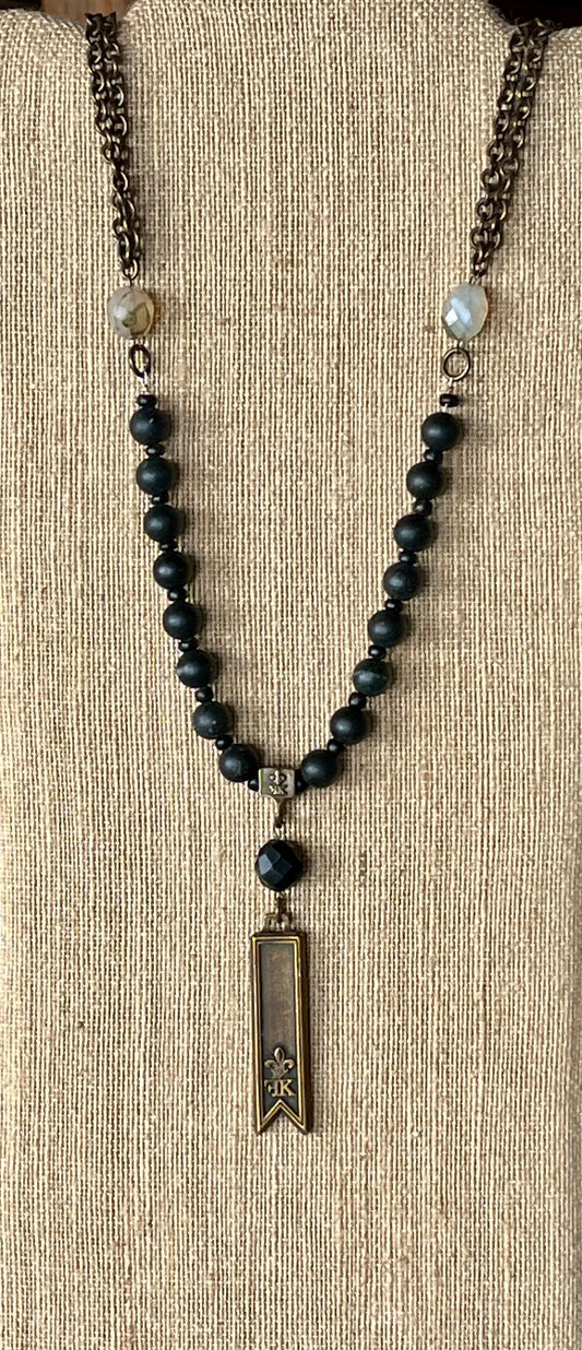 French Kande - Brass/Black Jasper Necklace with Pennant Drop