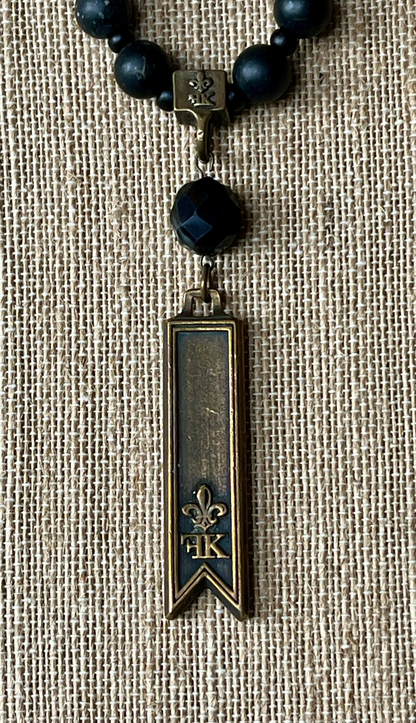 French Kande - Brass/Black Jasper Necklace with Pennant Drop