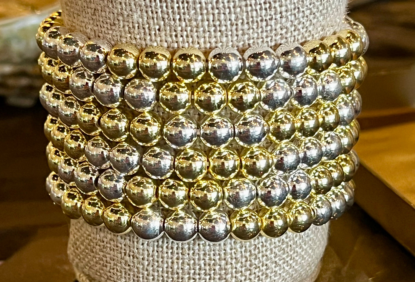 Mixed Metal Gold Silver Hematite Ball Beads Stretch Bracelets - 6mm