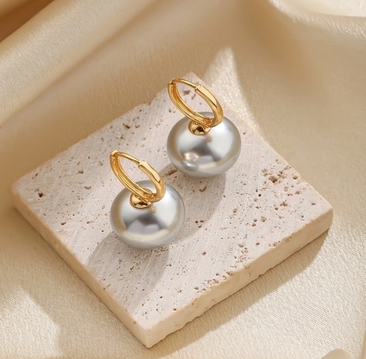Gold Huggie with Gray Pearl Earrings