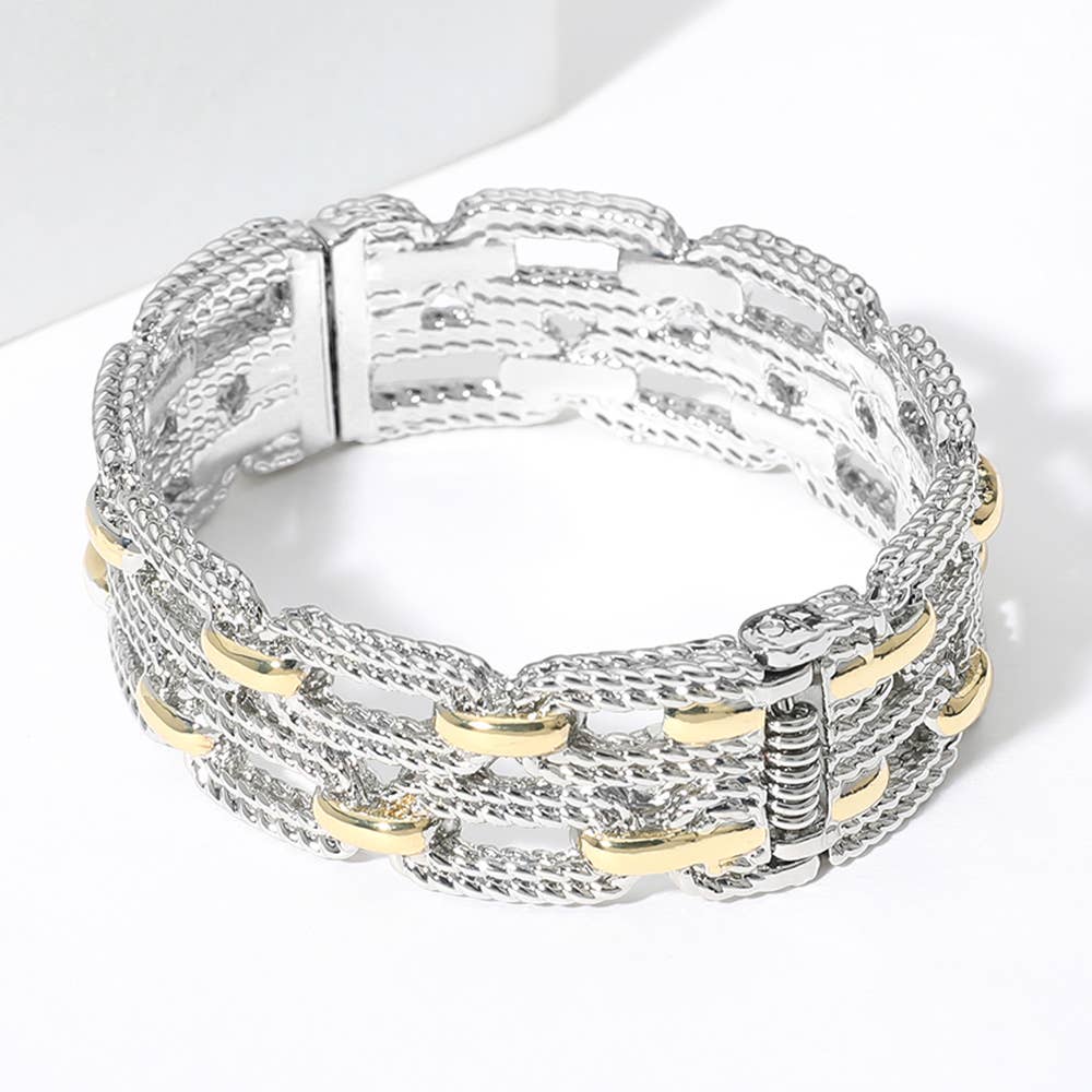 Two Tone Textured Link Hinged Bangle Bracelet