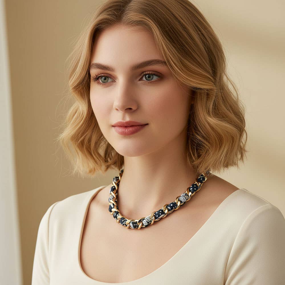 Fabric Scarf Metal Chain Wrap Necklace: Gold,Navy