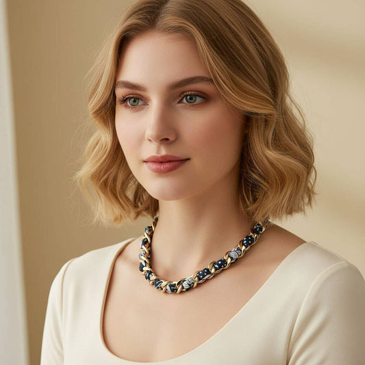 Fabric Scarf Metal Chain Wrap Necklace: Gold,Navy