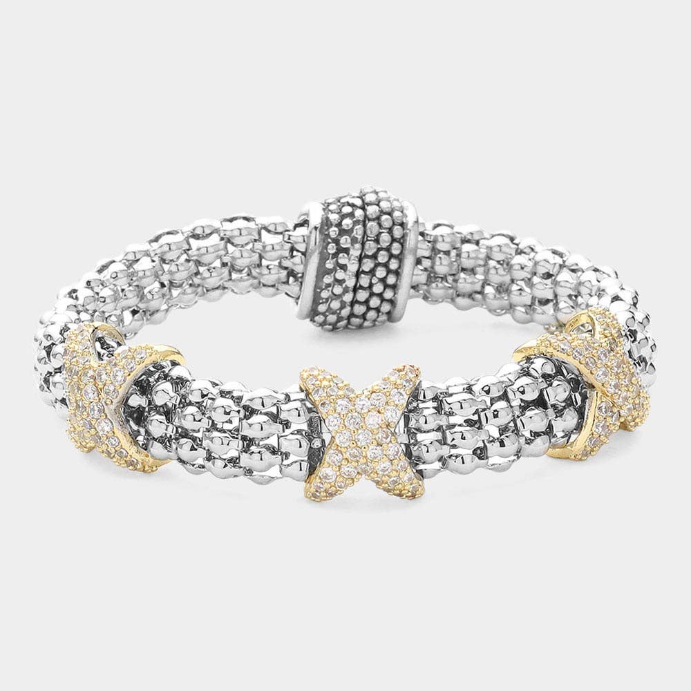 Two Tone CZ Crisscross Bracelet