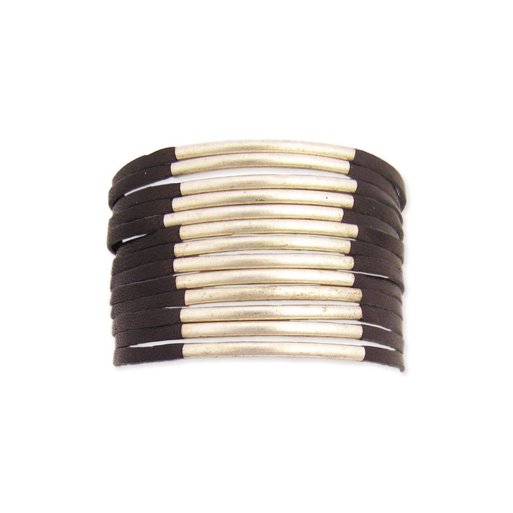 Black Leather & Silver Metal Bar Snap Cuff Bracelet