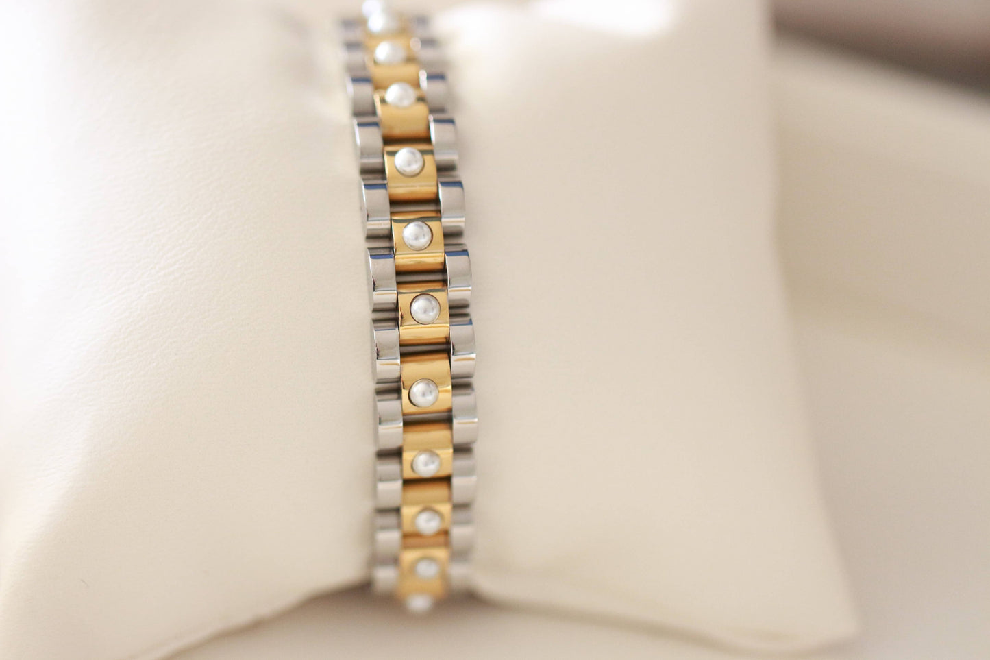 Mixed Metal Band Bracelet with Pearls