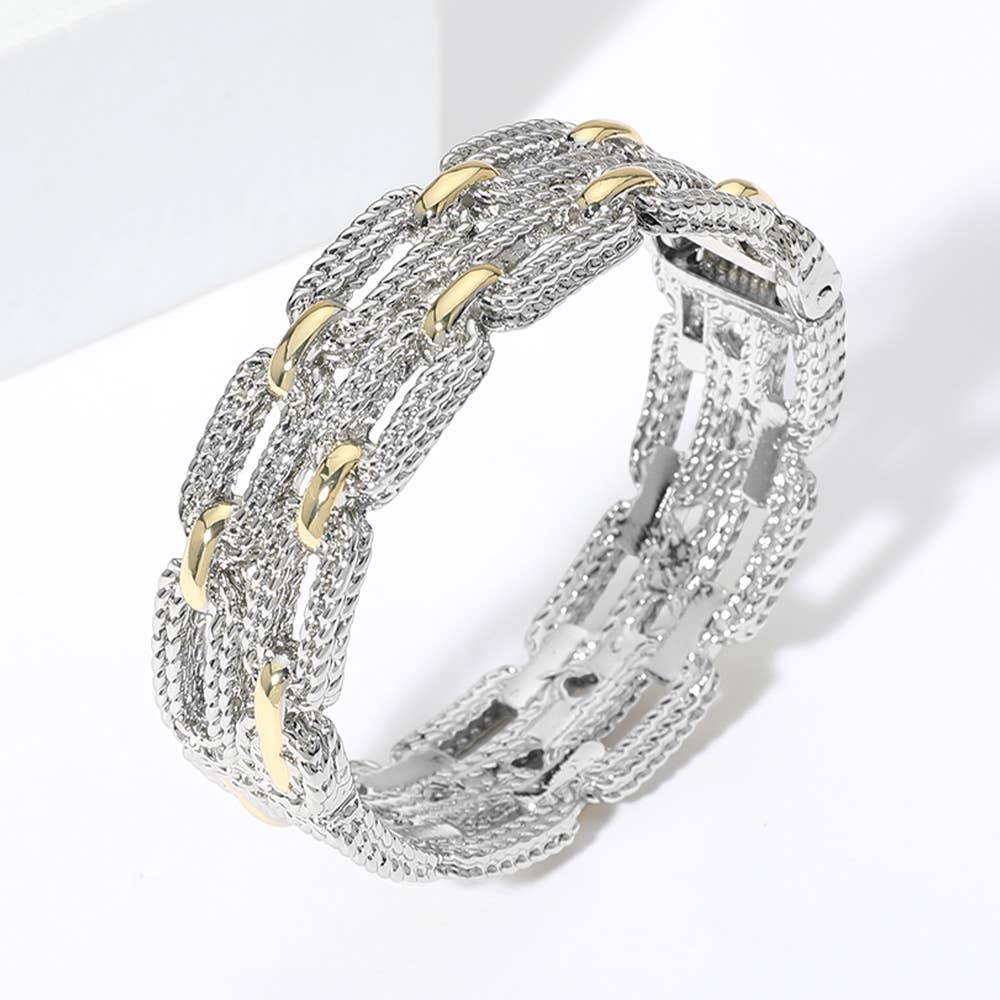 Two Tone Textured Link Hinged Bangle Bracelet