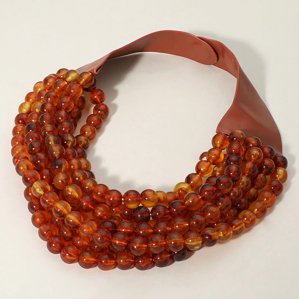 Chunky Bead Layered Faux Leather Necklace