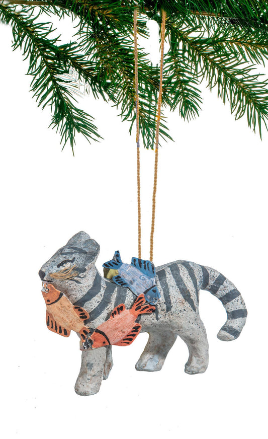 Paper Mache Cat & Fish Ornament