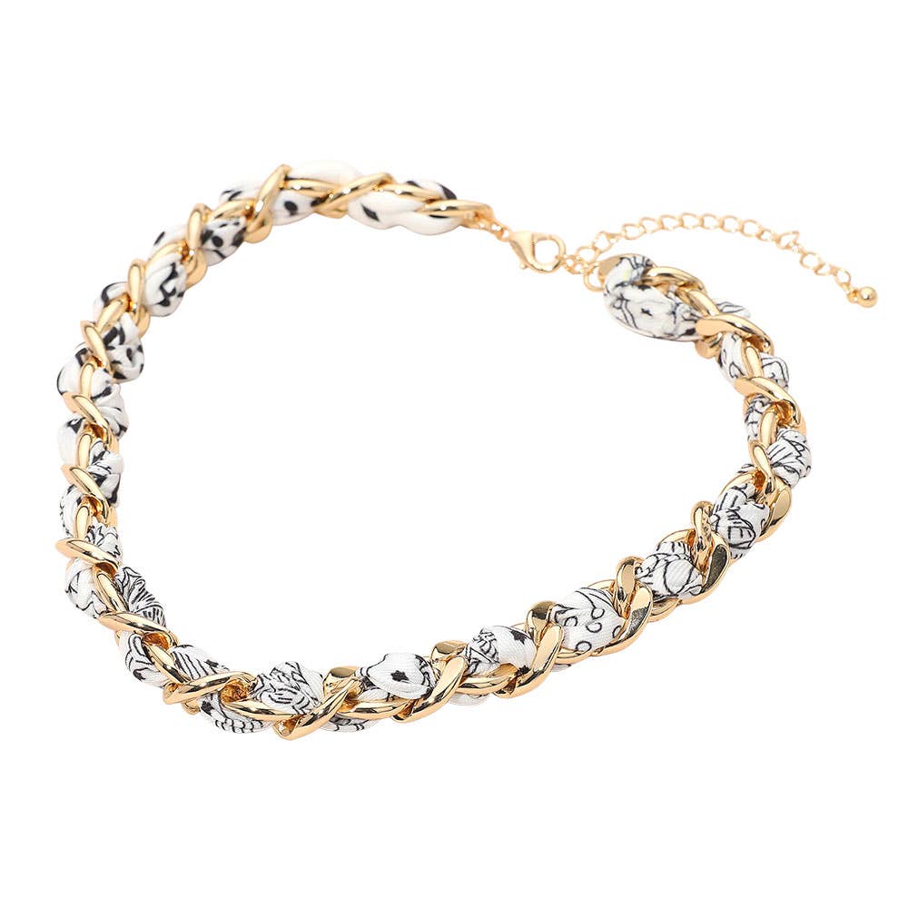 Fabric Scarf Metal Chain Wrap Necklace: Gold,Navy