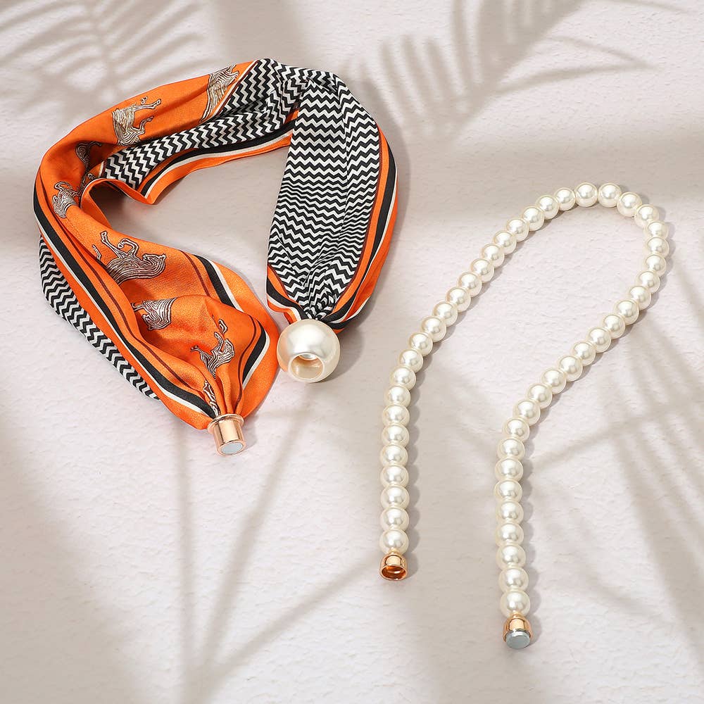 Print Fabric Scarf Pearl Magnetic Necklace