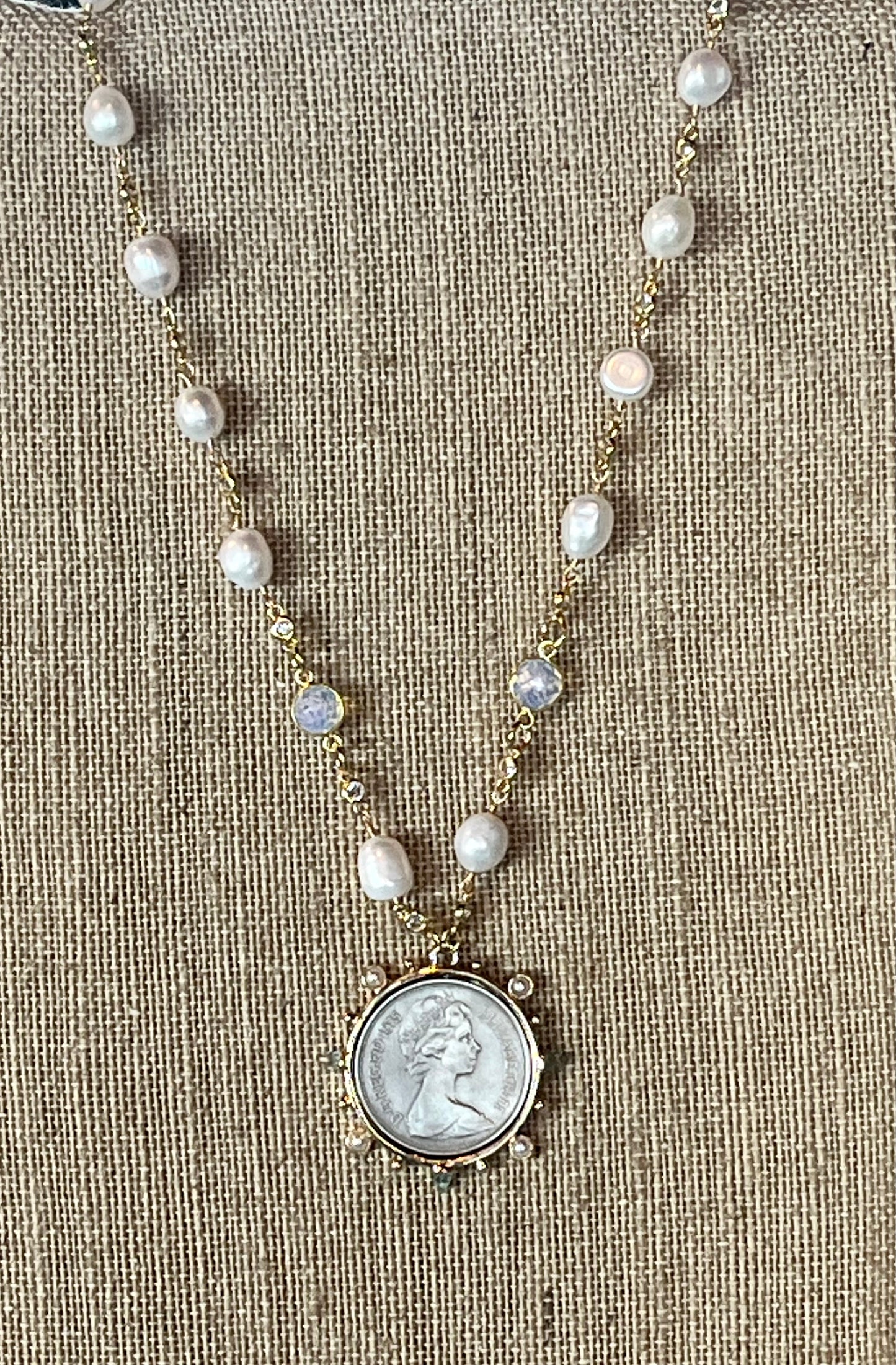 Phillip Allen Hefner - Pearl/Moonstone and Queen Coin Necklace