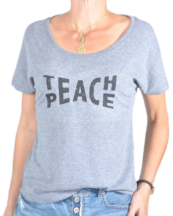Teach Peace - Grey Wide Neck Graphic Tee