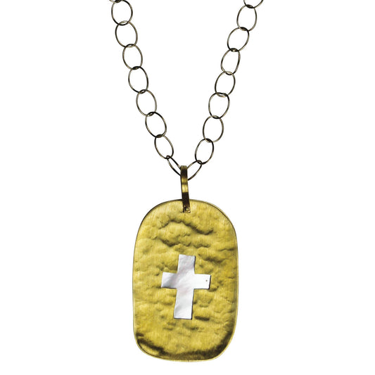Gia Necklace, Cross, Brass and Mother of Pearl